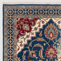 Tapis en laine DECORDEC bleu marine motif floral médaillon, écologique, antidérapant, moderne, avec bordure géométrique étoilée pour un intérieur de luxe