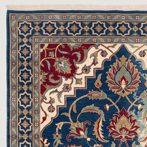 Tapis en laine DECORDEC bleu marine motif floral médaillon, écologique, antidérapant, moderne, avec bordure géométrique étoilée pour un intérieur de luxe - Product Image 4