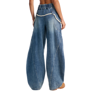 Pantalon cargo en jean pour femme, coupe large, taille mi-haute, ample, respirant, style streetwear décontracté, bleu délavé, taille à cordon de serrage, poches utilitaires - Product Image 2
