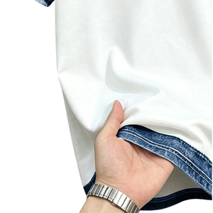 Chemise en coton uni pour homme, blanc et bleu, avec poche en jean contrastant, manches courtes, coupe classique, décontractée, respirante, tricotée pour l'été - Product Image 6