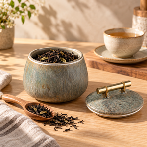 Boîte de rangement en céramique texturée |    Pot de cuisine décoratif avec couvercle et poignée dorée, organisateur de cuisine pour la maison - Product Image 2