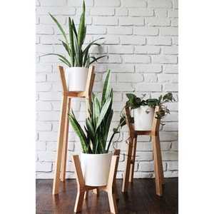 Pot de fleurs en céramique d'intérieur avec support en bois, jardinière moderne minimaliste, porte-plantes décoratif pour le bureau, la maison, la décoration de bureau - Product Image 5