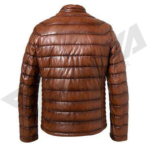 <b>Men's</b> Brown PU <b>Leather</b> Puffer <b>Jacket</b> Stand Collar Zipper Closure Windproof Winter Casual Slim Fit Thick Polyester Wadding - Product Image 2