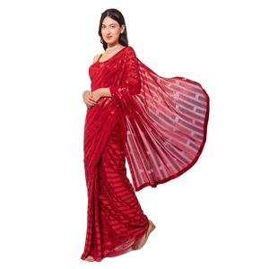 Sarees en georgette rouge tendance de créateur exclusif pour les femmes Wedding Party Wear Sequence Work Ethnically Styled Silk Sari Rate - Product Image 1