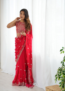 Sari en soie Fendy brodé de paillettes, ensemble avec pièce de blouse non cousue, tenue de fête et de festival, sari indien ethnique, vêtement régional - Product Image 3