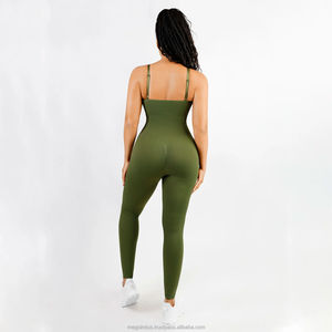 Women Ribbed Seamless <b>Bodysuit</b> <b>Square</b> <b>Neck</b> Spaghetti Strap Full Length Solid Color Gym Wear Green - Product Image 3