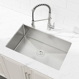 Fregadero de cocina hecho a mano de 33x19 pulgadas, de un solo tazón, empotrable, de níquel cepillado, con gancho de desagüe estándar de EE. UU. - Product Image 3