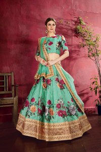 Floral Print Woven Silk Lehenga Choli Set <b>Sequin</b> Embroidery Dupatta Women Ethnic Wedding Outfit Knee Length - Product Image 3