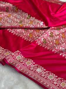 Sari en soie Mashru pure Meenakari, tissage Banarasi fait main, bordure florale traditionnelle, tenue de mariage ethnique, vente en gros de saris en soie - Product Image 2