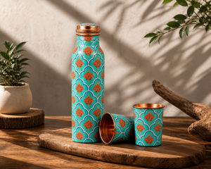 Artistic Meena Copper Bottle and Glass <b>Set</b> 950ml Handcrafted <b>Gift</b> <b>Set</b> India - Product Image 1
