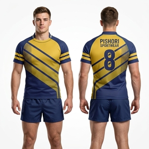 Uniformes de Rugby Personalizados en Azul Rey y Dorado para Hombre, Jersey con Franja Diagonal y Pantalones Cortos, 100% Poliéster Sublimado, Kit de Equipo - Product Image 1