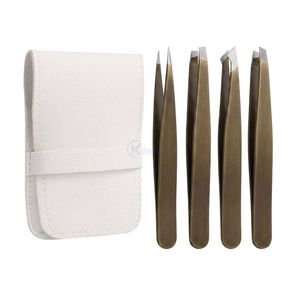 Juego de Pinzas para Cejas de Acero Inoxidable Bronce con Punta Inclinada y Estuche Protector, Herramienta de Depilación de Precisión para Belleza y Cuidado Personal - Product Image 1