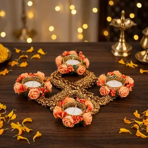 Handmade <b>Square</b> Peach Rose Floral Tealight Candle Holder <b>Set</b> Jute Rangoli Designs Diwali Wedding Festival Table Home Decor - Product Image 3