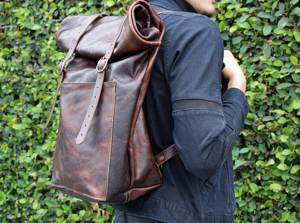 Series Leather <b>Roll</b> Top <b>Backpack</b> Reflective Details Rucksack For Night Safety Travel Bag LRTB-0162 - Product Image 6