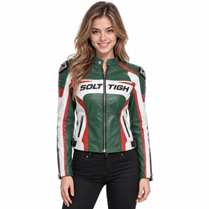 Chaqueta de Motocicleta de Cuero Genuino para Mujer, Diseño Color Block, Cuello Alto, Cierre de Cremallera, Chaqueta de Motociclista - Product Image 3