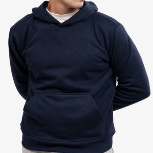 Custom OEM Men's <b>Navy</b> Blue Hooded <b>Sweatshirt</b> Casual Pullover Long Sleeve Hoodie With Front Pocket Solid Color Regular Fit - Product Image 1