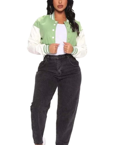 Women Wool Varsity <b>Jacket</b> Cow Skin Leather Full Sleeves Custom Logo Winter <b>Cropped</b> Bomber Varsity <b>Jacket</b> - Product Image 3