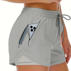 Shorts pour femmes en tissu tricoté rose uni avec cordon de serrage, séchage rapide, style sportif, coupe régulière, taille mi-haute, poches - Product Image 2