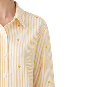 Camisa de Mujer a Rayas Amarillas y Blancas con Botones, Blusa de Algodón de Manga Larga con Bordado de Corazón, Ajuste Holgado, Estilo Casual, Top Oversize - Product Image 4