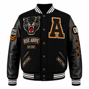Chaqueta Varsity Negra para Hombre, Poliéster/Nailon, Mangas Bordadas, Diseño con Parche de Letras de Pantera en la Parte Delantera, Resistente al Viento, Transpirable, con Cierre - Product Image 1