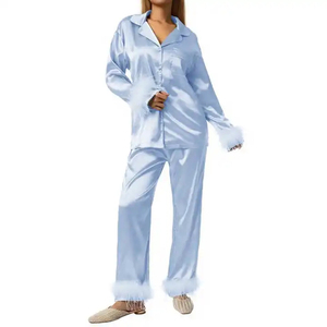 High Quality Customized Women's Sleep Dress Luxury Sleepwear Satin Silk Pajamas Designer Ostrich <b>Feather</b> <b>Cuffs</b> Women Pajamas Set - Product Image 4