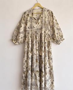 Wholesale Indian Autumn Vintage Wave Print Knitted Long <b>Dress</b> Women Casual <b>Dress</b> <b>Elastic</b> Waist Puff Sleeve - Product Image 3