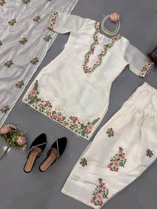 Women's White Floral Embroidered Kurta Pant Dupatta Set Designer Ethnic Salwar Suit Traditional Indian Festive Party Wear - Product Image 4