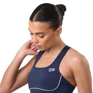 Custom Logo <b>Navy</b> Blue Sports Bra <b>Women</b> Cross Back Piping Detail Workout Crop <b>Top</b> Fitness Gym Activewear Wholesale - Product Image 6