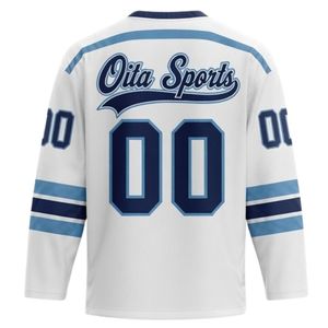 Men White Navy Blue Sublimated Ice Hockey Printable Polyester V Neck Jersey Long Sleeve <b>Athletic</b> Sports Uniform Apparel - Product Image 2