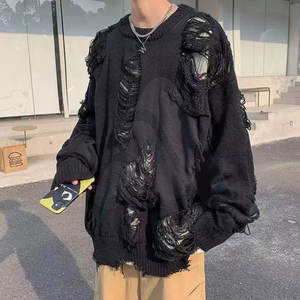 Suéter de Punto Oversize para Hombre, Estilo Desgastado, Cuello Redondo, 100% Algodón, Transpirable, Estilo Urbano, Nueva Moda - Product Image 3