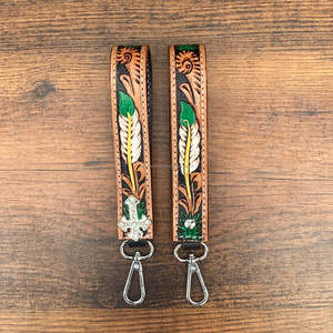 2025 Factory Wholesale Price Hand Tooled Leather Wristlet Strap Genuine Leather Feather Design Fashionable <b>Carabiner</b> Keychains - Product Image 6