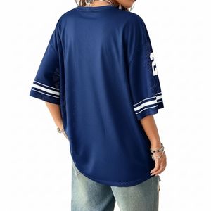 Women American Football Jersey Royal <b>Blue</b> V-Neck Striped Sleeve Sport Top Female Gridiron Team Uniform Breathable Mesh Shirt - Product Image 2