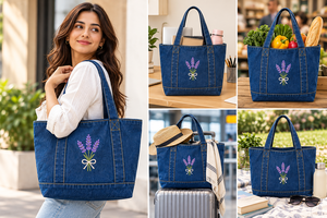 Bolso Tote de Mezclilla con Bordado de Lavanda, Forro de Lona, Abertura Superior, para Playa, Viajes y Compras Diarias - Product Image 5