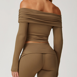 Wholesale Off Shoulder Women Yoga Set Plaid Pattern Shorts <b>Bra</b> Set Breathable Fitness Comfortable Long Sleeve Gym Outfit <b>Low</b> MOQ - Product Image 4