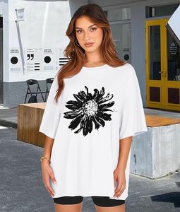 T-shirt décontracté pour femme, blanc, col rond, manches courtes, coupe ample, en jersey de coton, imprimé floral, printemps-été - Product Image 3