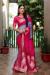 Auténtico Sari de Seda Bandhej con Borde de Zari Tejido, Pallu de Tela, Diseño Étnico, Blusa de Seda Dola a Juego, Colección de Prendas Étnicas - Product Image 3