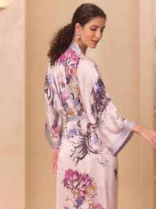 Bata Kimono de Satén Sedoso con Estampado Floral y Bolsillo, Ropa de Estar de Lujo, Bata para Preparación Nupcial, Regalo de San Valentín - Product Image 3