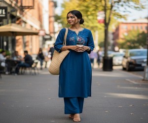 Ensemble Kurta en Coton Brodé pour Femme, Bleu, Longueur Genou, Coupe Classique, Style Traditionnel Indien et Pakistanais, Tenue Décontractée d'Été, Séchage Rapide - Product Image 2