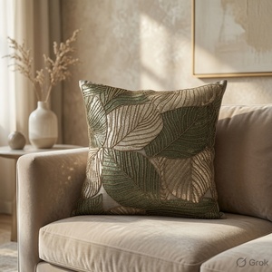 Coussin carré moderne en tissu tricoté style bohème avec broderie feuille d'émeraude, lavable pour canapé et maison - Product Image 3