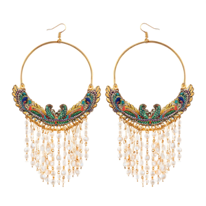 Peacock Motif Bohemian Hoop Earrings with Pearl Tassel for Party - Product Image 2