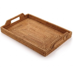 TOP SELLING Hand-Woven Natural Rattan Serving <b>Tray</b> with Handles - <b>Round</b> Eco-Friendly Decorative Wicker <b>Tray</b> for Coffee <b>Table</b>, Br - Product Image 3