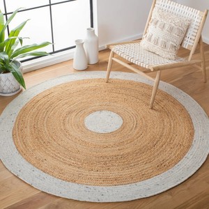 Tapis rond bohème en jute, beige naturel, à poils plats, fait main, écologique, pour salon - Product Image 5
