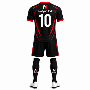 ชุดเสื้อฟุตบอลผู้ชายแบบ OEM สีดำแดง พิมพ์ลายแบบ Sublimation ผ้าโพลีเอสเตอร์ 100% แขนสั้น สำหรับผู้ใหญ่ ระบายเหงื่อได้ดี รับผลิตแบรนด์ส่วนตัว - Product Image 1