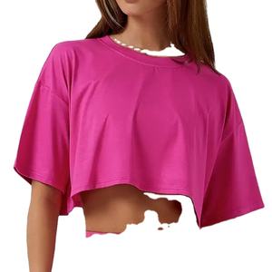 Camiseta recortada de verano para mujer, Top corto de cuello redondo ecológico holgado de algodón de calidad directo de fábrica - Product Image 1