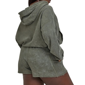 Conjunto de Shorts y Sudadera con Capucha Personalizada con Cremallera Completa, Estilo Vintage Desgastado con Lavado Ácido y Decoloración por el Sol, Transpirable para Invierno, para Mujer 2026 - Product Image 5