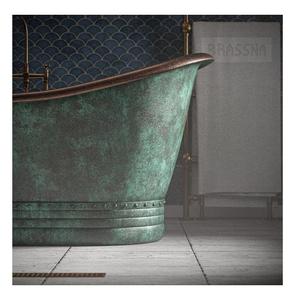 Baignoire autoportante en cuivre patiné bleu de luxe, finition antique artisanale, forme ovale élégante pour projets hôteliers et villas - Product Image 6