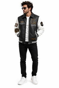 Custom Black <b>White</b> Leather Varsity <b>Jacket</b> for <b>Men</b> Letterman Bomber <b>Jacket</b> with Chenille Embroidered Patches OEM ODM Manufacturer - Product Image 3