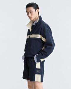 Men's <b>Navy</b> Blue Acid Wash Winter Color Blocking Tracksuit Full Sleeve Hooded Sporty Style Breathable Midweight Shorts Set Loose - Product Image 2