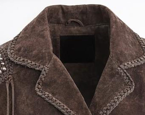 Chaqueta de Cuero Genuino para Hombre, Hecha a Mano, Estilo Vaquero Occidental Vintage con Flecos, Patrón Bordado y Logotipo Personalizado - Product Image 6