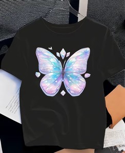 Girls Butterfly Print T Shirt Short Sleeve Crew Neck Casual Summer Wear - Product Image 1